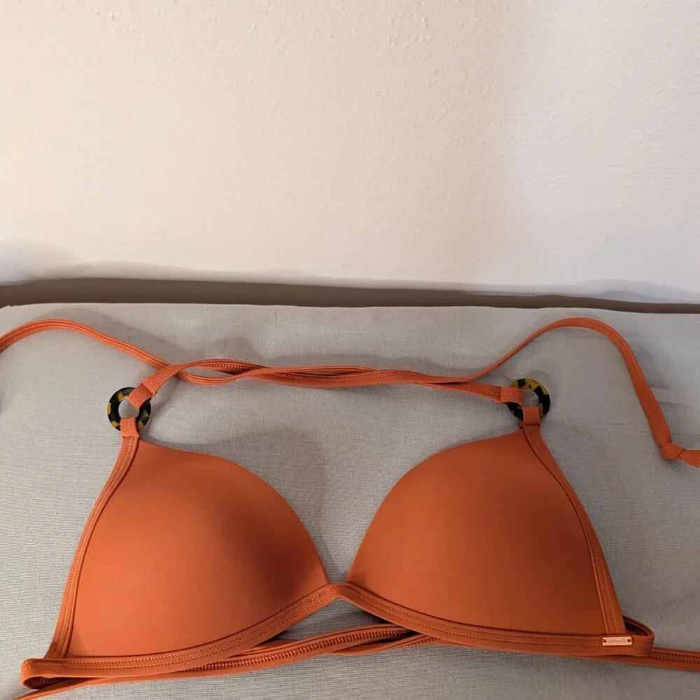 ⭐VS PINK Medium Padded Halter Swim Top Apple Cinnamon Orange Bra Ring Accents⭐ - Picture 5 of 9